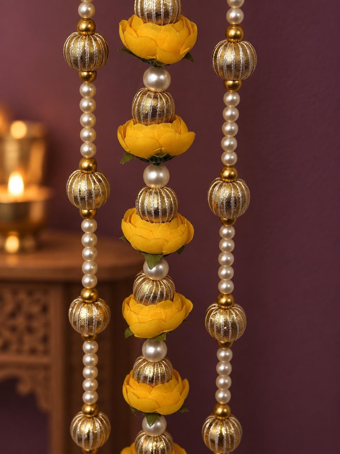 Lotus Garland Door Hanging Set of 2 | Pearl Bead Bandarwal Yellow | Handcrafted Entrance Decor | Diwali Navratri | Temple Puja Home Gift