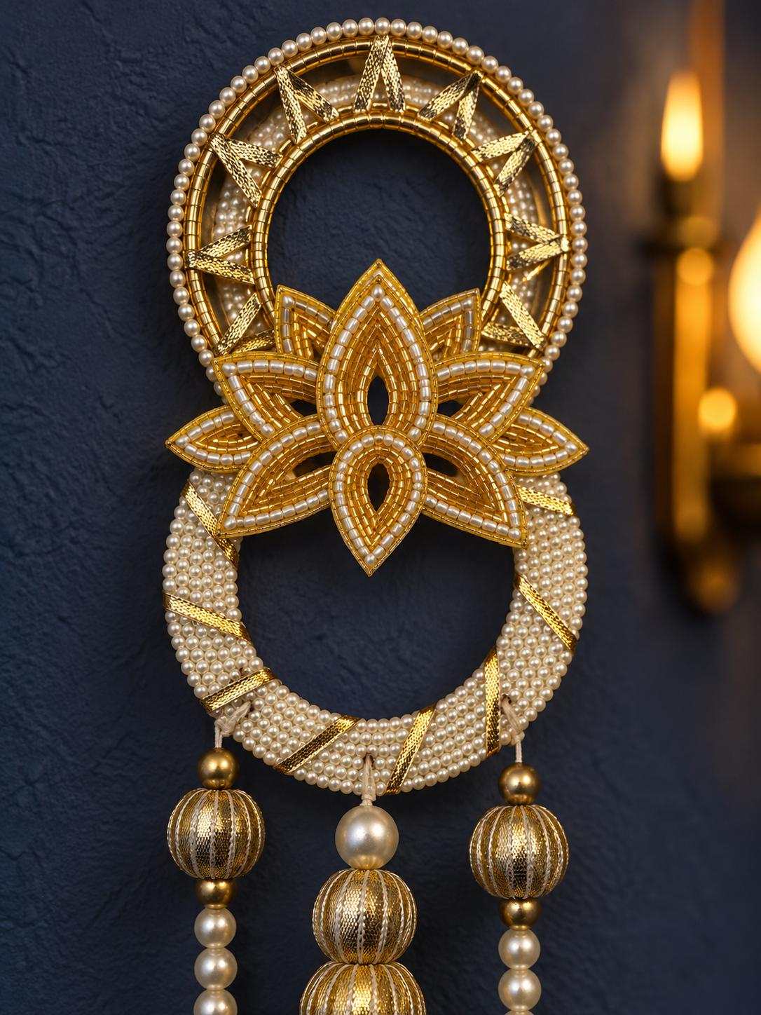 Lotus Garland Door Hanging Set of 2 | Pearl Bead Bandarwal Yellow | Handcrafted Entrance Decor | Diwali Navratri | Temple Puja Home Gift