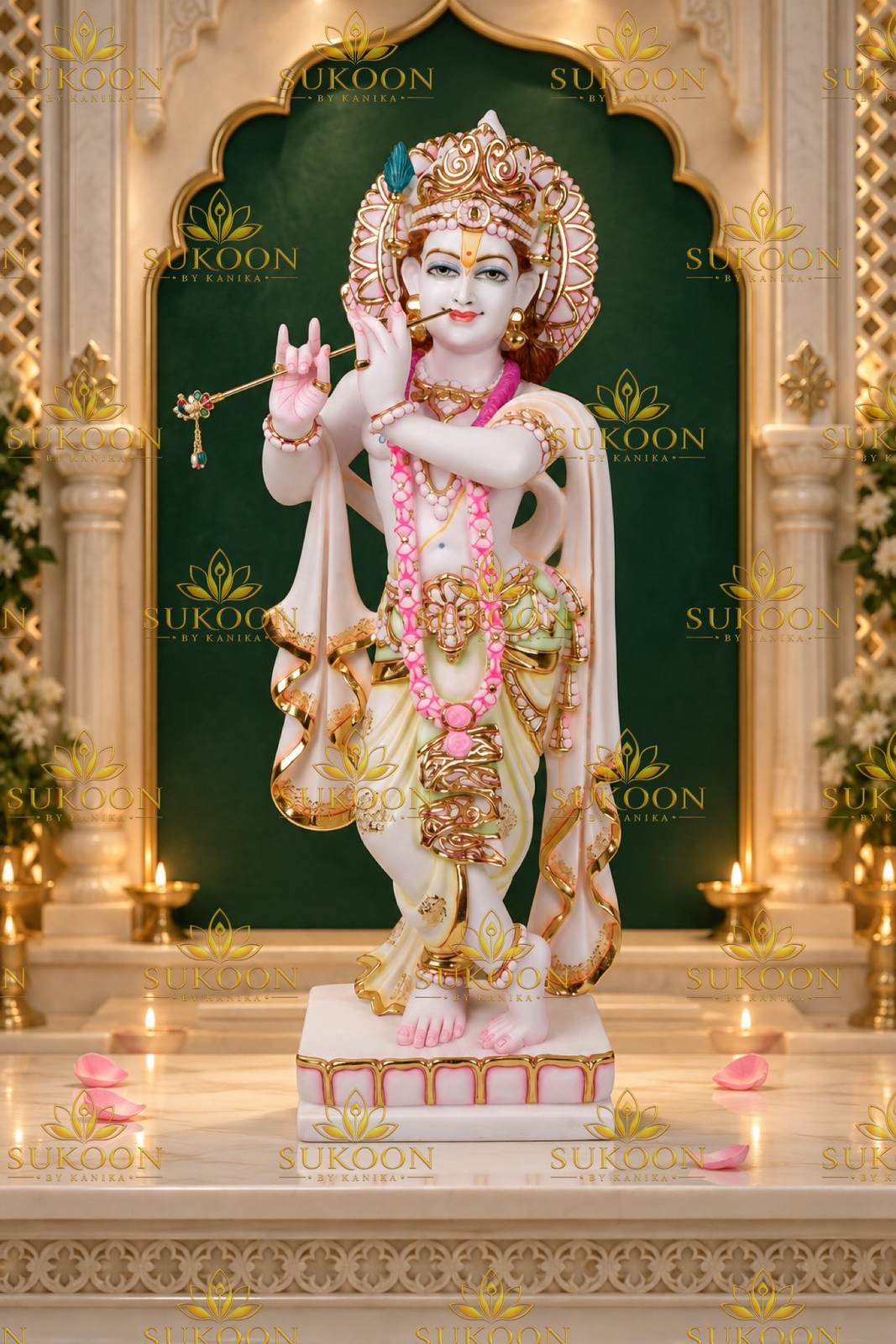 29 inch Krishna murti full view white marble statue home temple decor