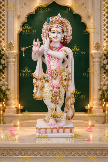 29 inch Krishna murti full view white marble statue home temple decor
