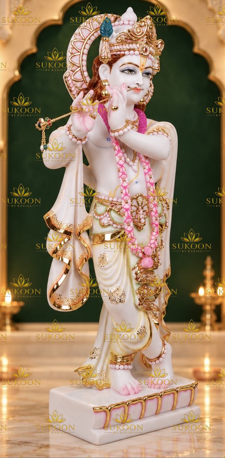 Lord Krishna 29 inch white marble statue alternate full view