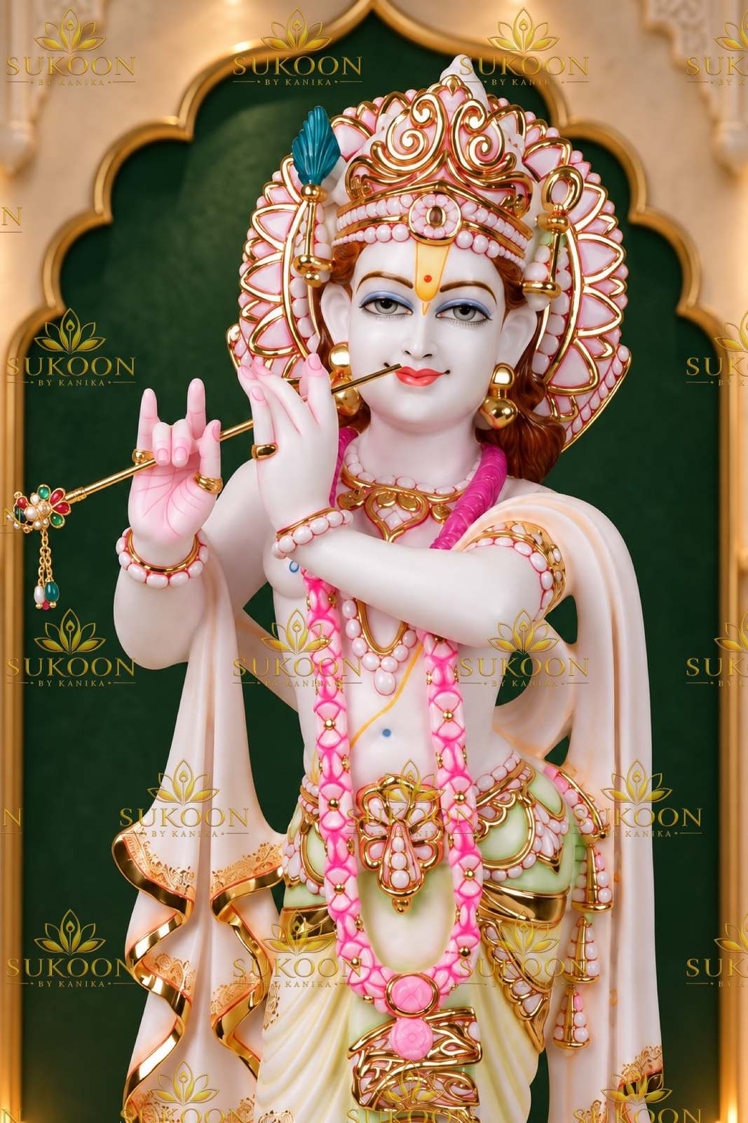 Krishna idol face close-up peacock feather crown Makrana marble statue