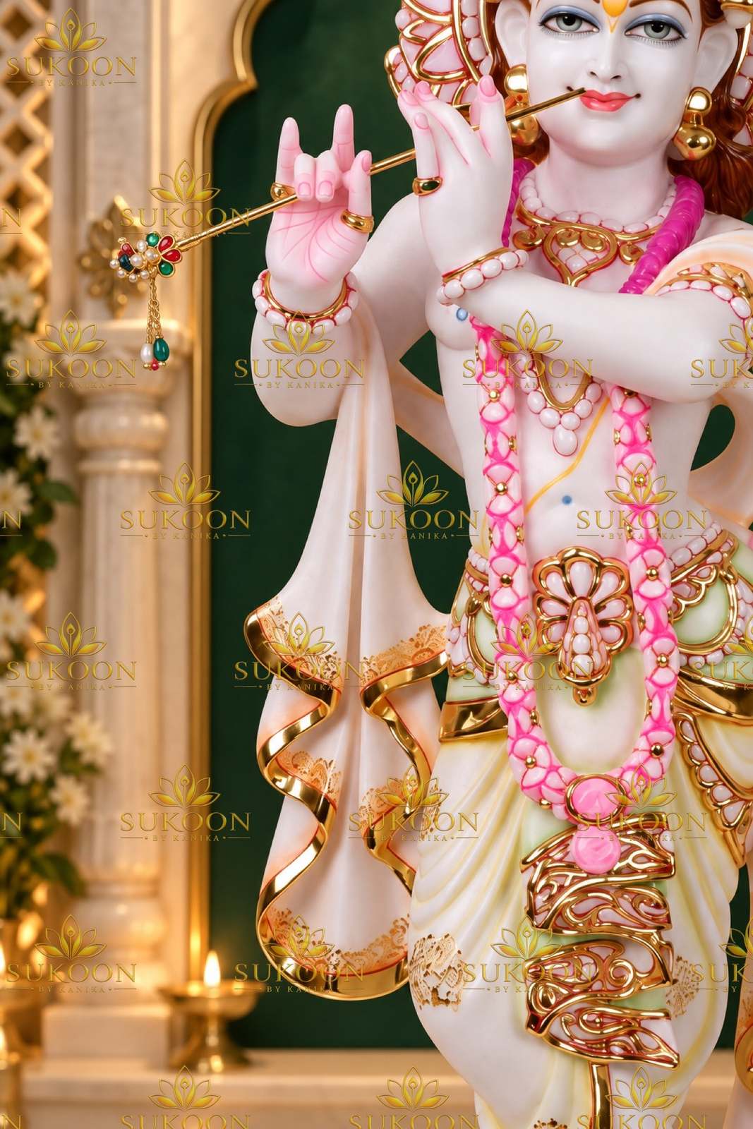 Lord Krishna statue three-quarter view Makrana marble pooja room idol