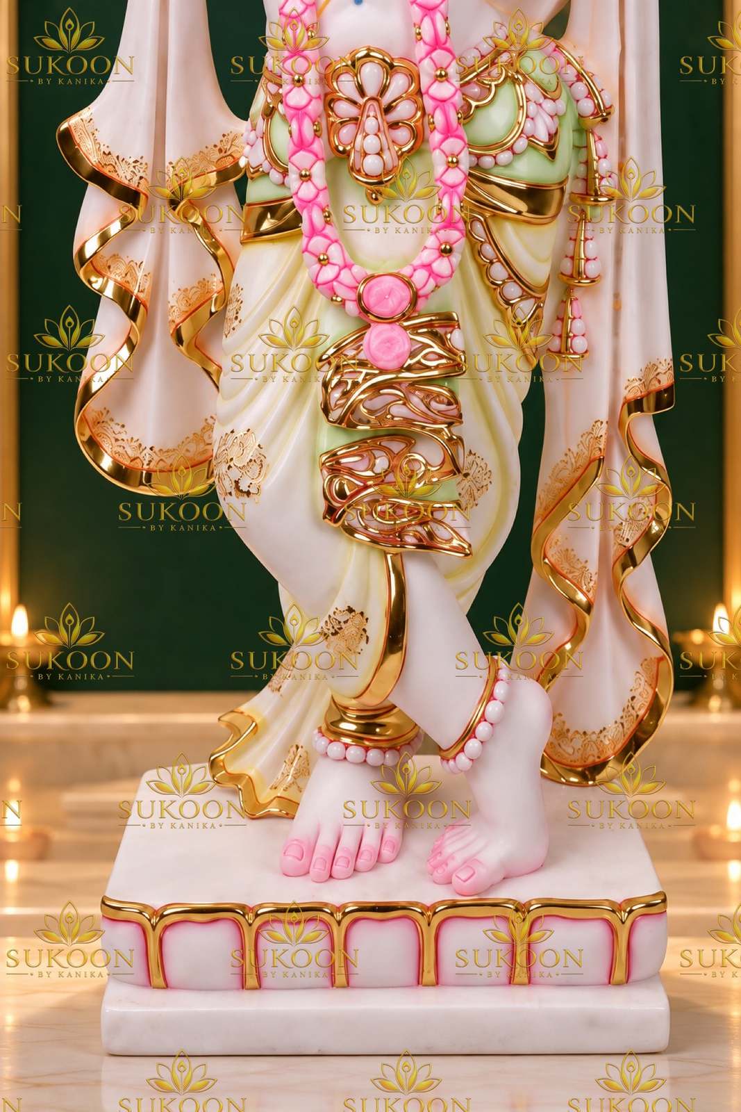 Krishna murti marble base feet detail gold trim pooja room decor