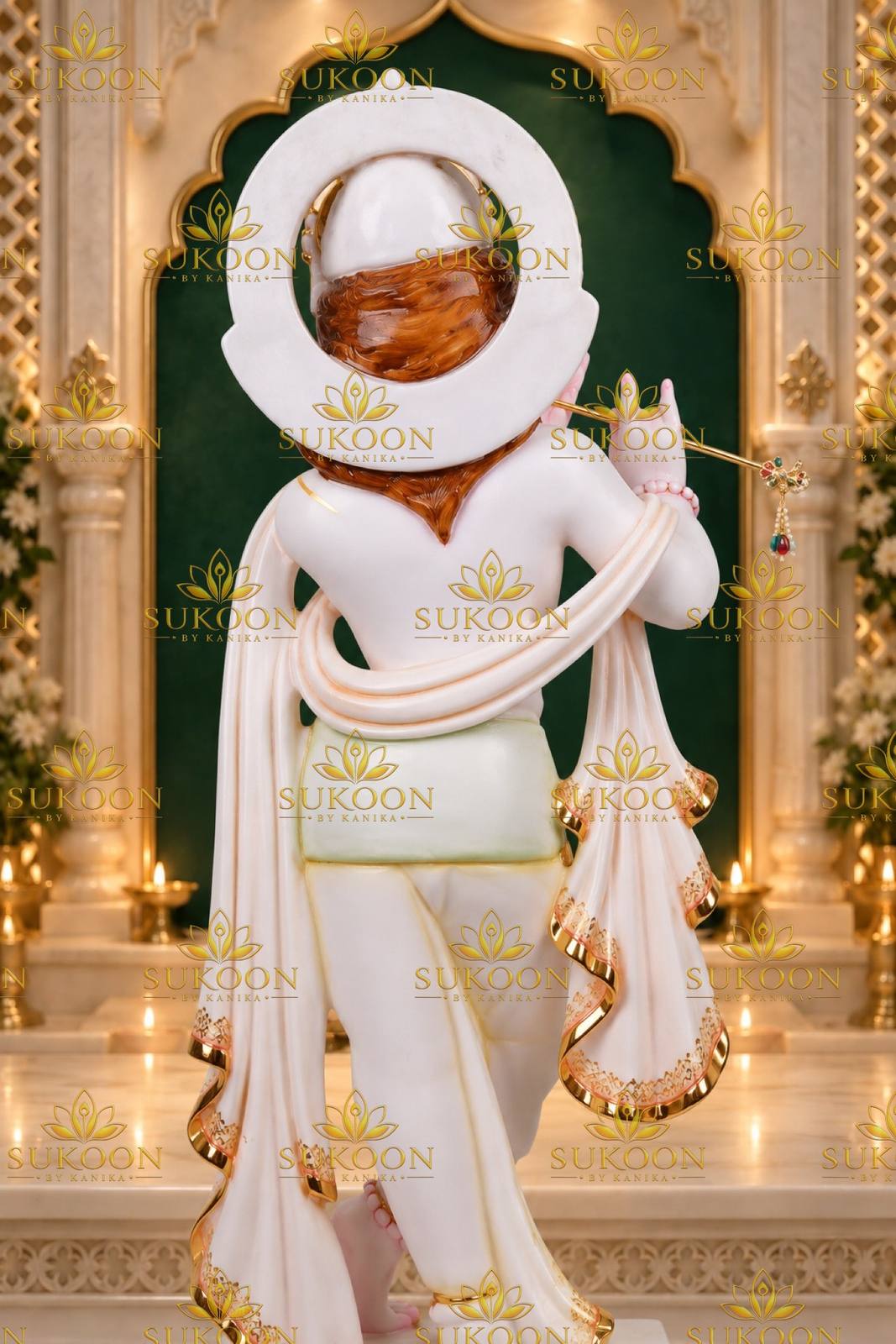 Back view of Makrana marble Krishna statue with halo drape