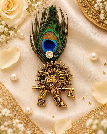 Krishna Brooch with Peacock Feather, Janmashtami Hare Krishna Jewelry, Indian Wedding Sherwani Turban Pin, Saree Brooch, Groom Gift, ISKCON