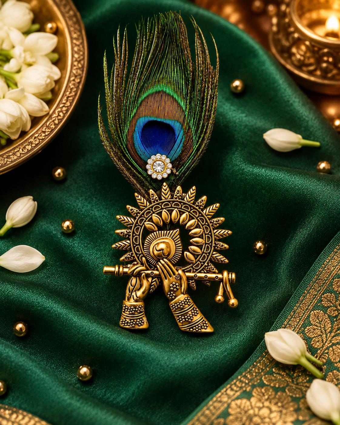 Krishna Brooch with Peacock Feather, Janmashtami Hare Krishna Jewelry, Indian Wedding Sherwani Turban Pin, Saree Brooch, Groom Gift, ISKCON