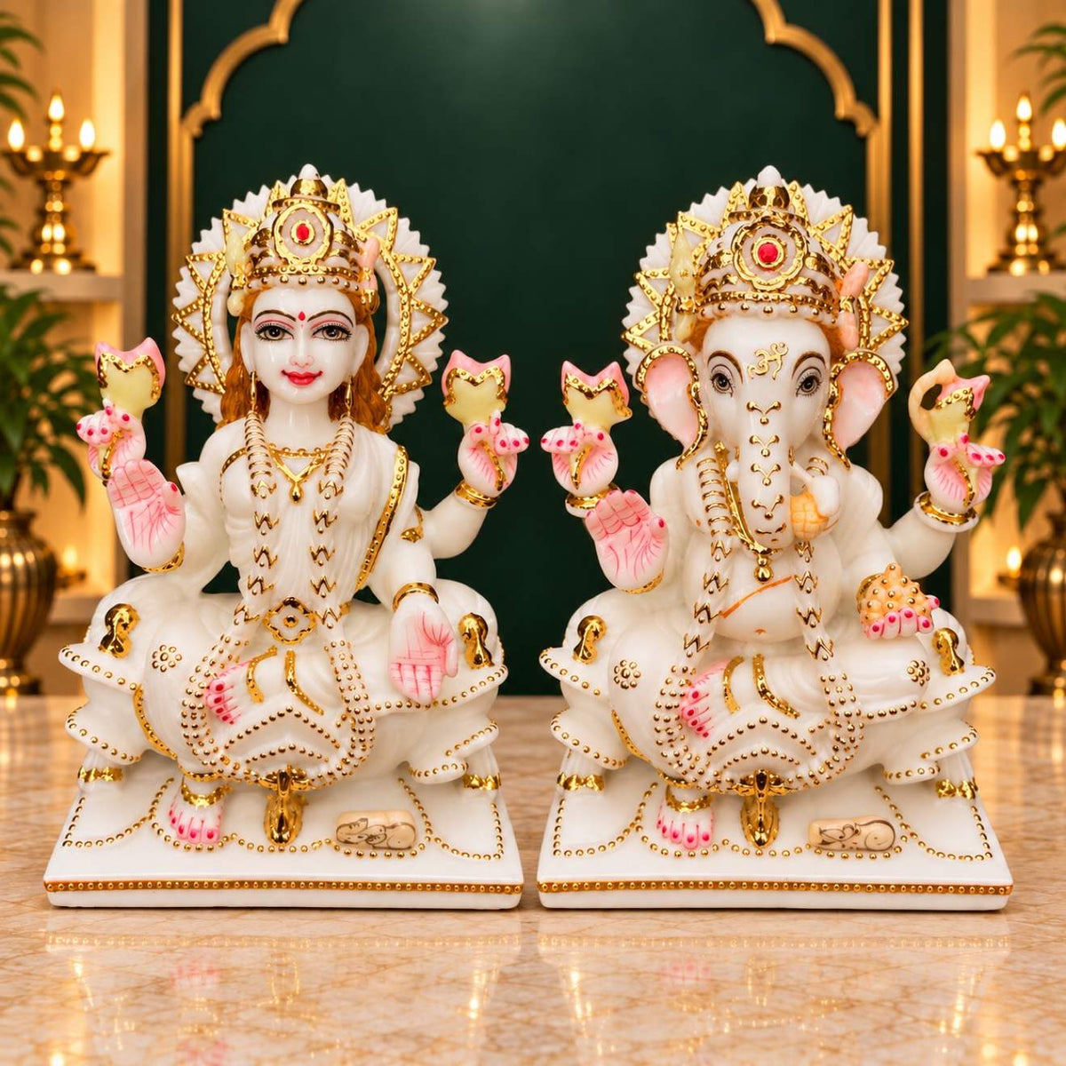 Lakshmi Ganesh statue pair in pure Makrana cultured marble with cut gold work for Diwali Lakshmi Puja