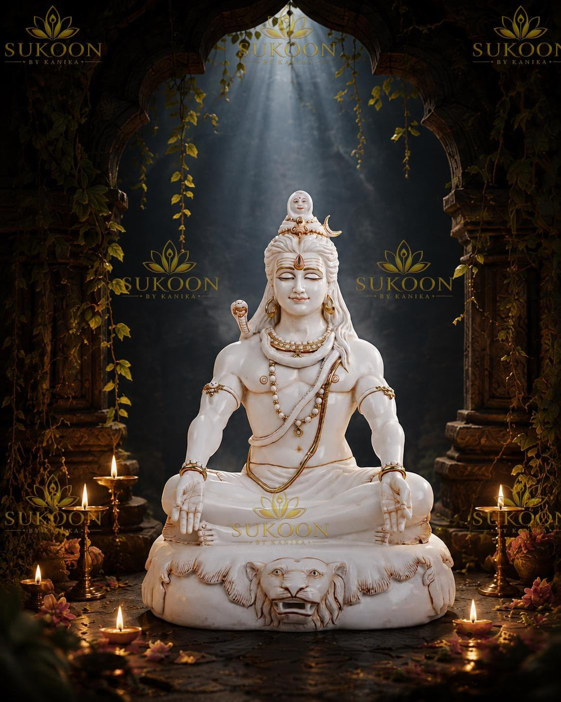 18 inch pure Makrana cultured marble Mahadev murti, meditating Adiyogi Shiva statue on lion