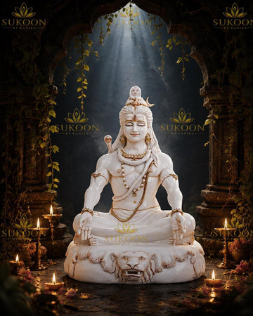 18 inch pure Makrana cultured marble Mahadev murti, meditating Adiyogi Shiva statue on lion