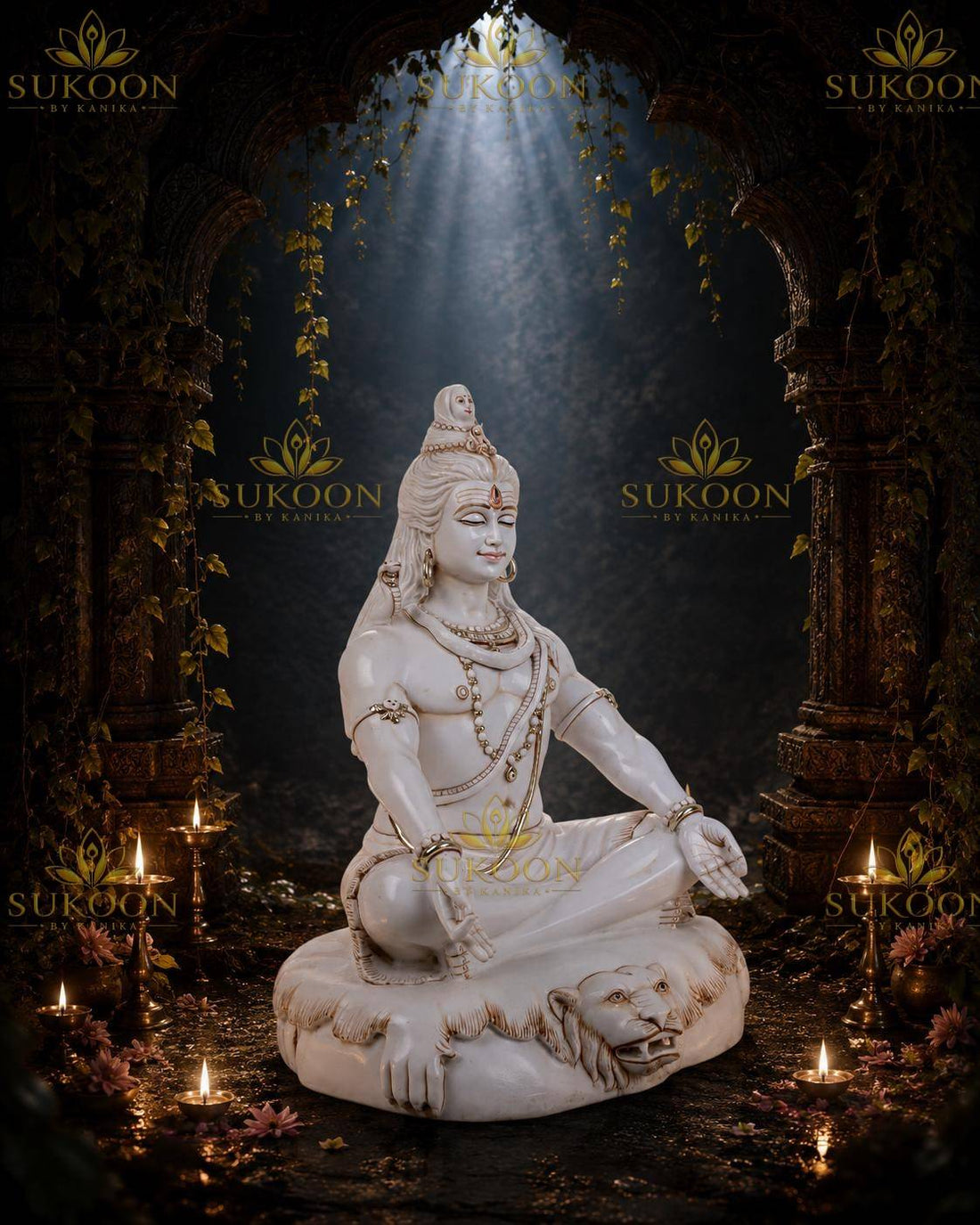 18 inch pure Makrana cultured marble Mahadev murti, meditating Adiyogi Shiva statue on lion