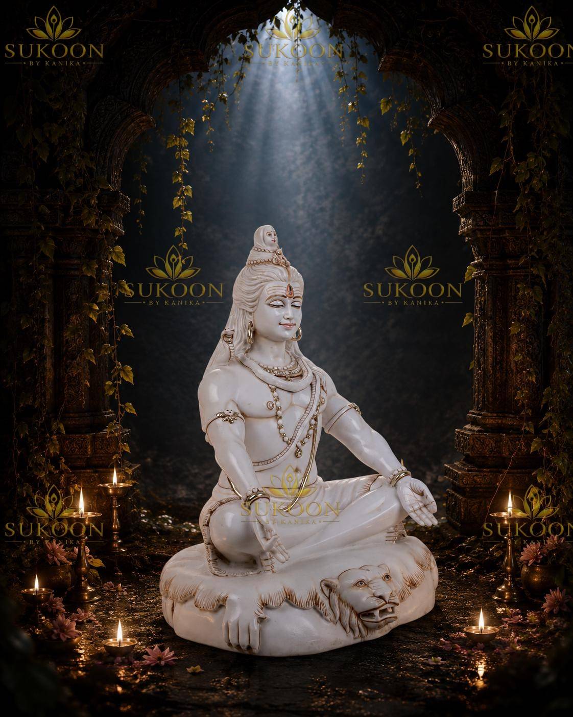 Meditating Lord Shiva marble idol three-quarter view, Mahadev murti 18 inch