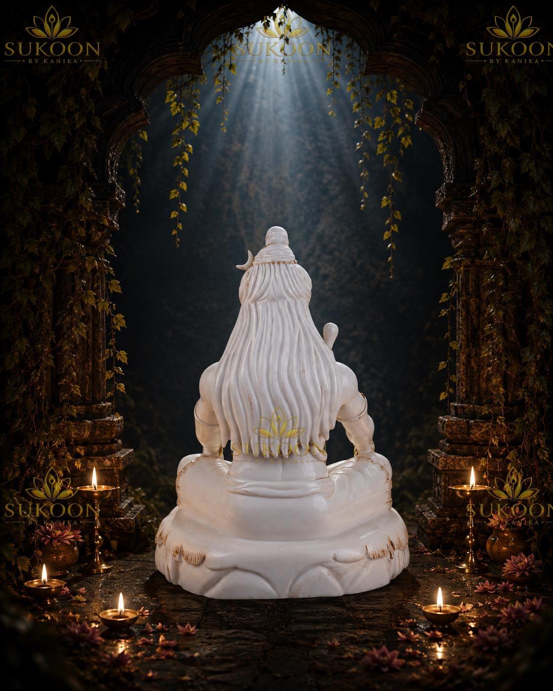 Back view of 18 inch Mahadev marble statue showing detailed hair carving