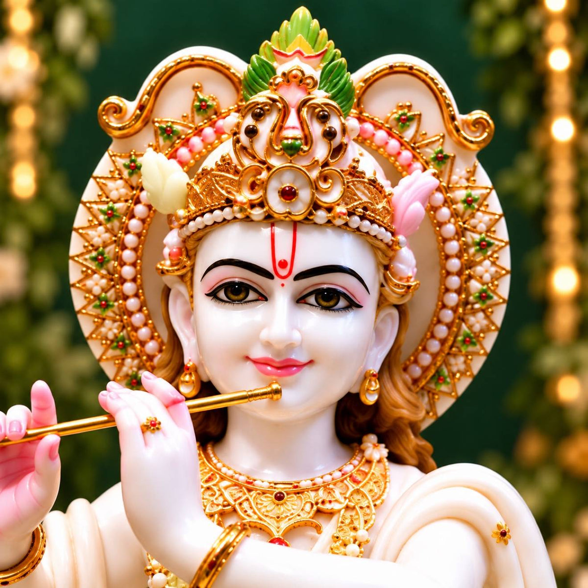 Lord Krishna face closeup with flute and ornate crown Radha Krishna statue