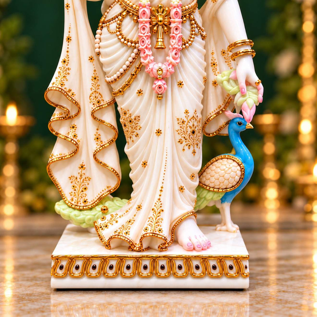 Radha statue draped garment gold detailing with peacock at base