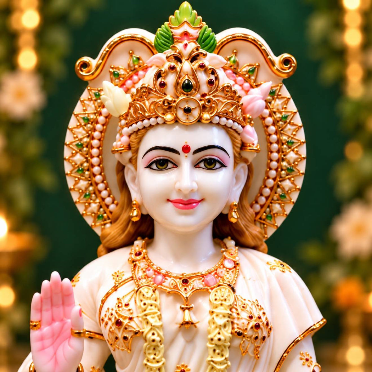 Radha Rani face closeup with crown and jewelry Radha Krishna marble statue