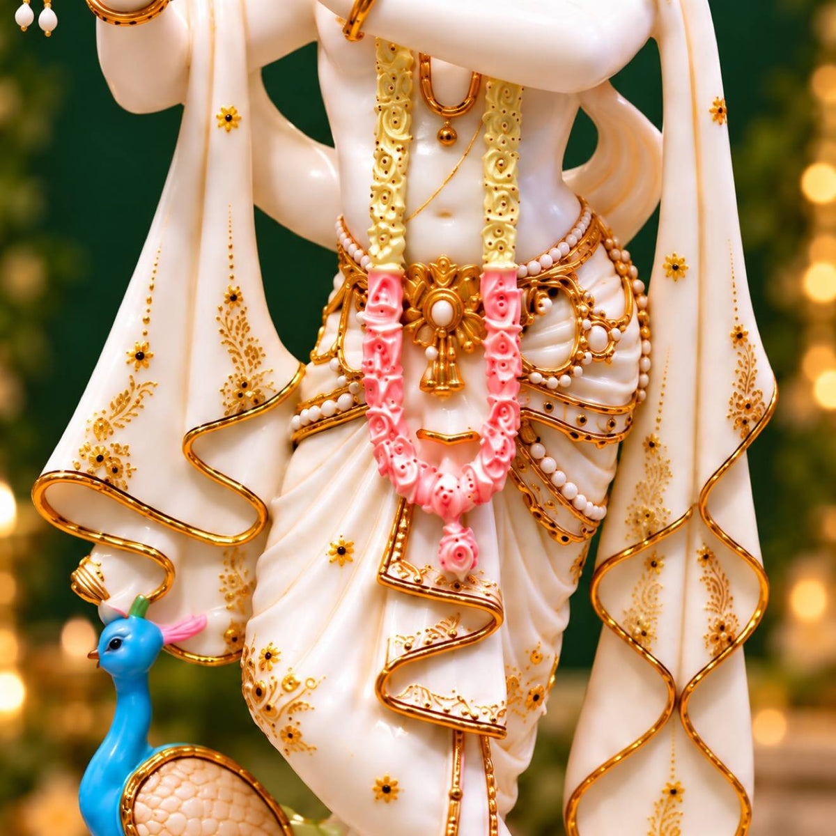 Krishna torso with garland and gold jewelry detail marble statue