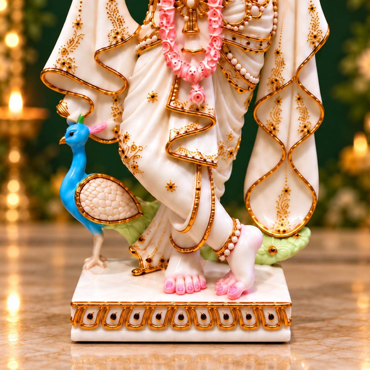 Krishna feet and peacock base detail Radha Krishna marble statue