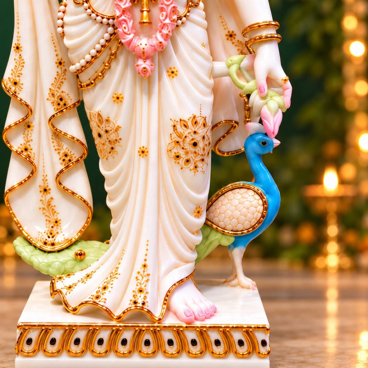 Radha saree gold embroidery and peacock detail marble statue