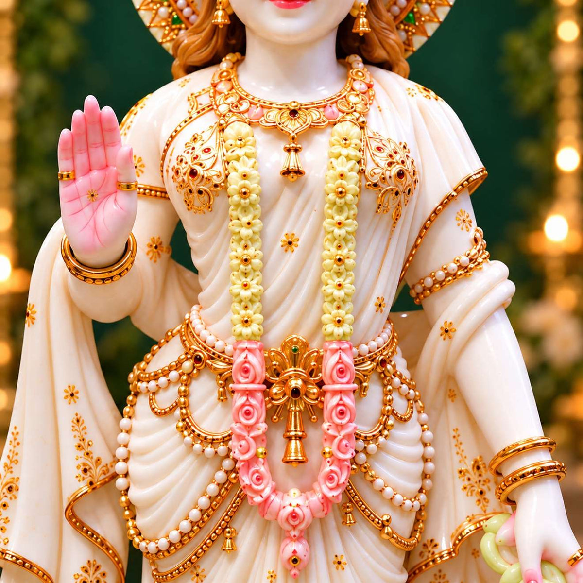 Radha blessing hand and garland torso detail marble statue